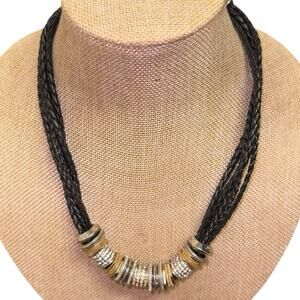 Chico’s Multi Strand Necklace Black Cord Silver Gold Beaded Statement Necklace
